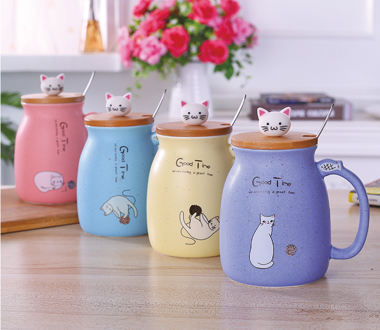 Cartoon Cat Coffee Mug with Lid and Spoon