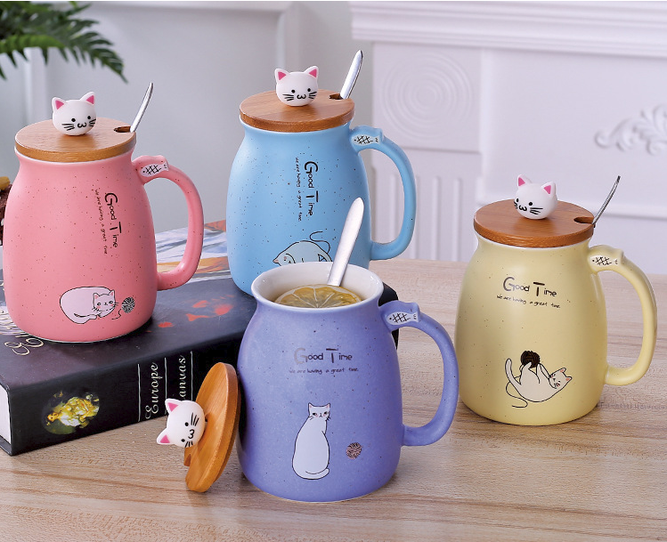 Cartoon Cat Coffee Mug with Lid and Spoon