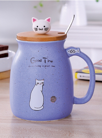 Cartoon Cat Coffee Mug with Lid and Spoon