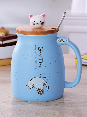 Cartoon Cat Coffee Mug with Lid and Spoon