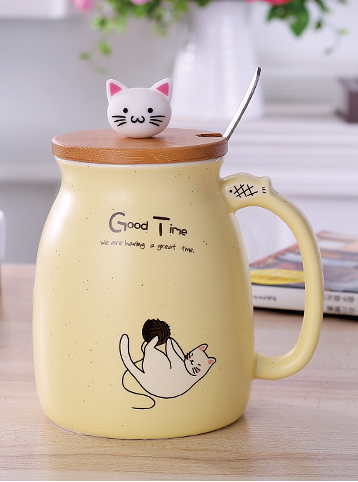 Cartoon Cat Coffee Mug with Lid and Spoon