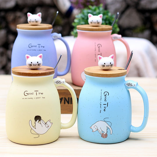 Cartoon Cat Coffee Mug with Lid and Spoon