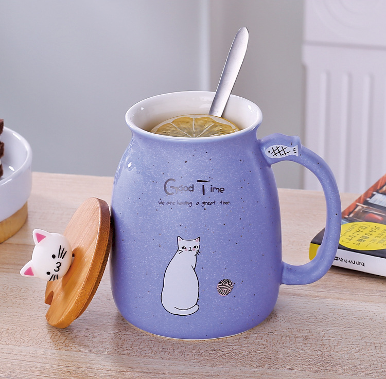 Cartoon Cat Coffee Mug with Lid and Spoon