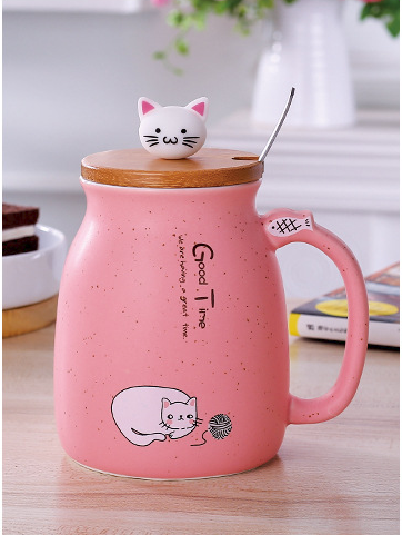 Cartoon Cat Coffee Mug with Lid and Spoon