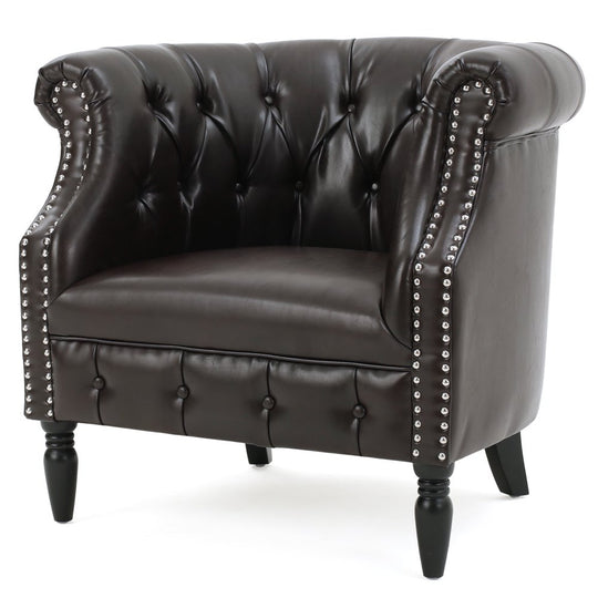 Justus Contemporary Tufted Club Chair, Brown Bonded Leather and Matte Black