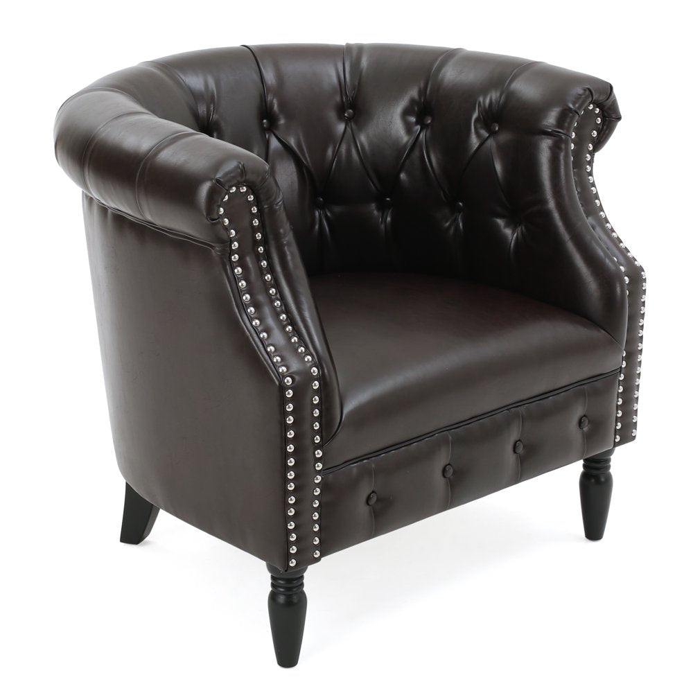 Justus Contemporary Tufted Club Chair, Brown Bonded Leather and Matte Black