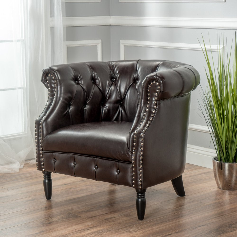 Justus Contemporary Tufted Club Chair, Brown Bonded Leather and Matte Black