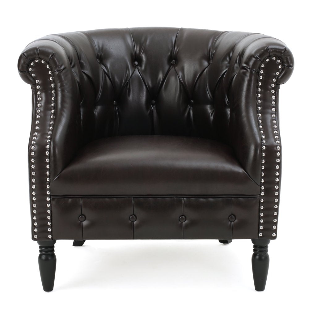 Justus Contemporary Tufted Club Chair, Brown Bonded Leather and Matte Black