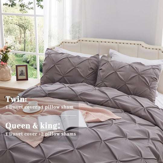 Pinch Pleated Duvet Cover Gray 2 Pieces Twin Duvet Covers Soft Microfiber Luxury Duvet Cover with Zipper Closure & Corner Ties for All Season(1 Duvet Cover, 1 Pillow Sham)