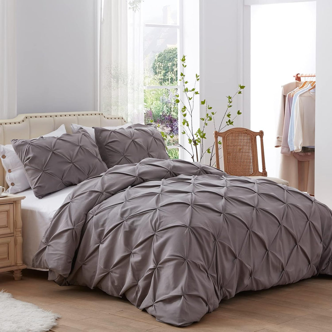 Pinch Pleated Duvet Cover Gray 2 Pieces Twin Duvet Covers Soft Microfiber Luxury Duvet Cover with Zipper Closure & Corner Ties for All Season(1 Duvet Cover, 1 Pillow Sham)